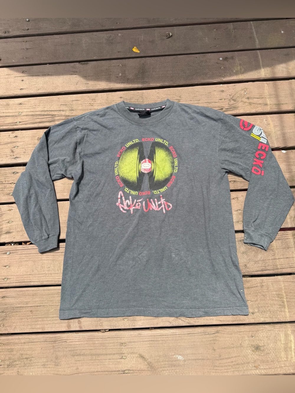 Ecko Unlimited Charcoal Long Sleeve Graphic Tee with Neon Accents